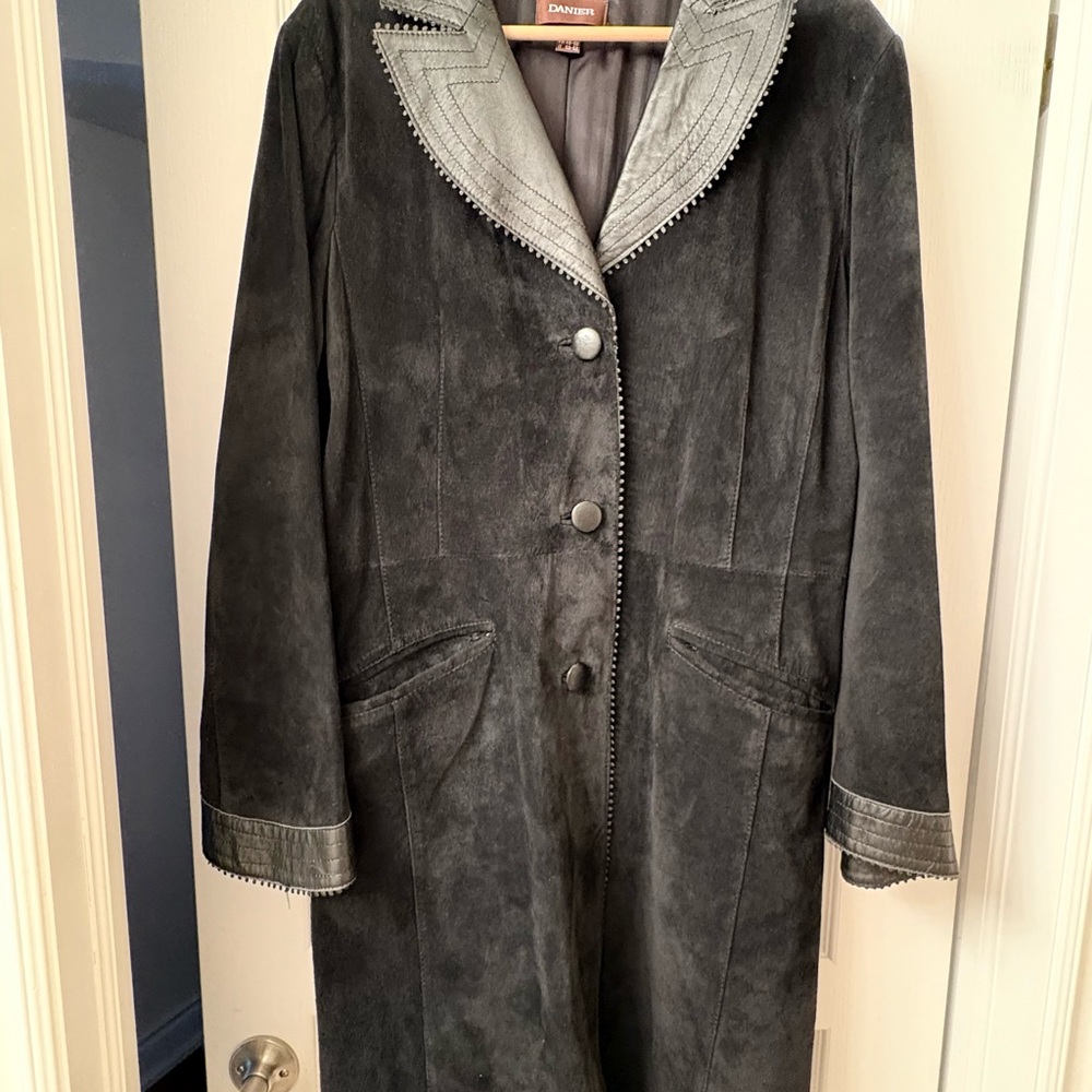 Danier Black Suede Long Trench Coat with Leather-Trim